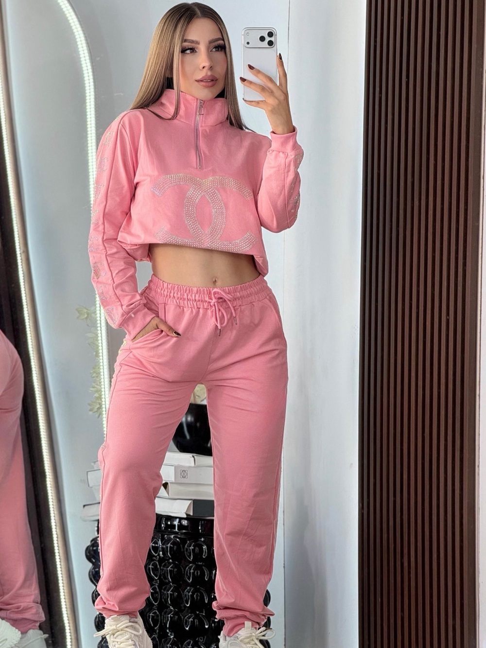 Women's Pink Rhinestone Logo Jogger Set Size S